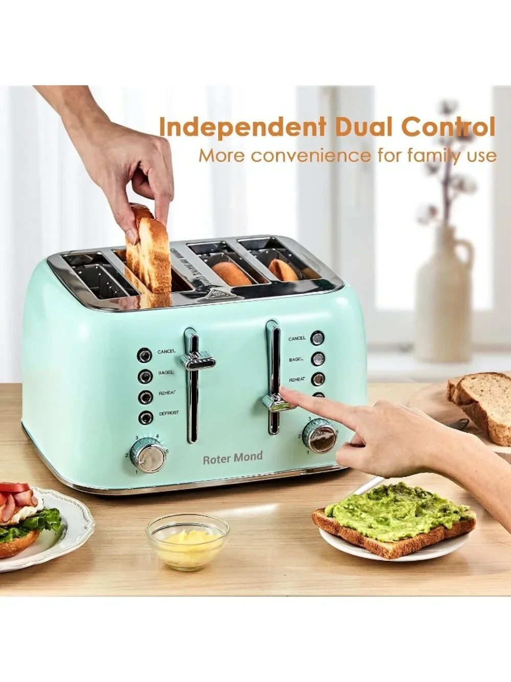 4 Slice Mint Green Retro Stainless Steel with Extra Wide Slots Bagel Toaster